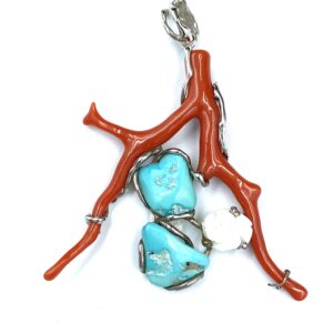 Ciondolo Ramo Di Corallo Rosso Rubrum Turchese Argento 925%